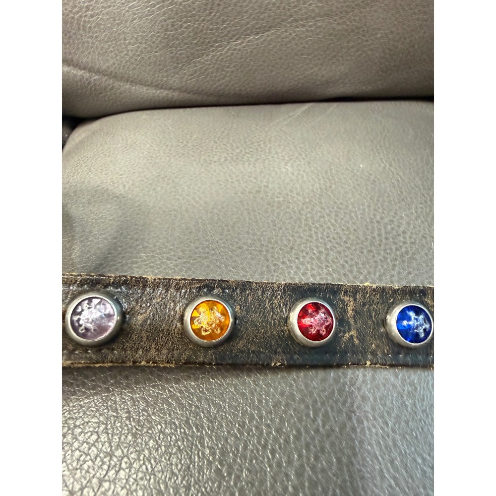 Vintage Distressed Brown Leather Jeweled Belt Multi Color Studded Western Boho - Picture 4 of 4